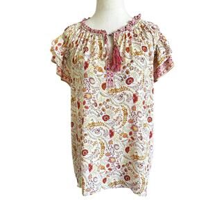 Rose and Olive Multicolor Floral Tie Bow Blouse Women's Top Size Large | 73-43